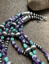 Load image into Gallery viewer, Sterling Silver Multi Strand Amethyst Turquoise W Pearls Bead Necklace. 24 inch