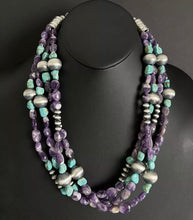 Load image into Gallery viewer, Sterling Silver Multi Strand Amethyst Turquoise W Pearls Bead Necklace. 24 inch