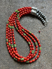 Load image into Gallery viewer, Sterling Silver Multi Strand Coral Green Turquoise Bead Necklace 22 Inch