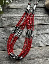Load image into Gallery viewer, Sterling Silver Multi Strand Red Bamboo Coral Bead Necklace 30 Inch