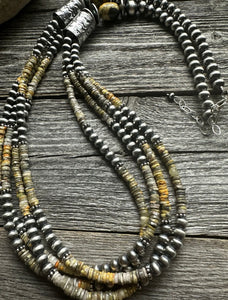 Sterling Silver Multi Strand Bumblebee Jasper Pearls Bead Necklace. 30 inch