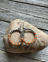 Load image into Gallery viewer, Sterling Silver Orange Spiny Oyster W Pearls Bead Hoop Earrings. 2.25 Inch.