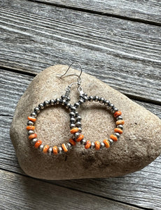 Sterling Silver Orange Spiny Oyster W Pearls Bead Hoop Earrings. 2.25 Inch.