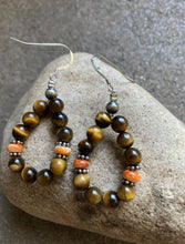 Load image into Gallery viewer, Sterling Silver Tiger’s Eye Spiny Oyster Bead Loop Earrings.