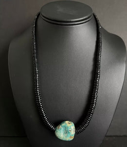 Sterling Silver Graduated Black Onyx Turquoise Bead Necklace. 18 Inch