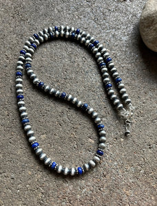 Sterling Silver Blue Lapis W 6mm Pearls Bead Necklace. 24 inch