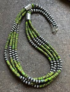 Sterling Silver Multi Strand Green Turquoise W Pearls Bead Necklace. 28 inch