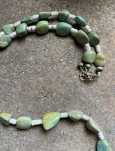 Load image into Gallery viewer, Sterling Silver Green Turquoise Nuggets with Heishi Bead Necklace. 36 inch