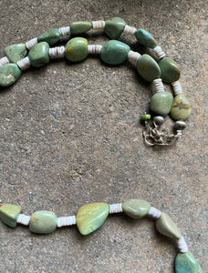 Sterling Silver Green Turquoise Nuggets with Heishi Bead Necklace. 36 inch
