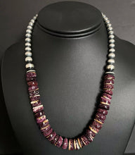Load image into Gallery viewer, Sterling Silver Purple Spiny Oyster with Pearls Bead Necklace. 18 inch
