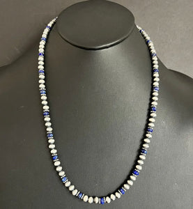 Sterling Silver Blue Lapis W 6mm Pearls Bead Necklace. 24 inch