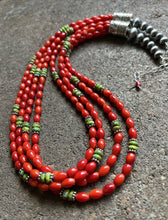 Load image into Gallery viewer, Sterling Silver Multi Strand Coral Green Turquoise Bead Necklace 22 Inch