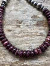 Load image into Gallery viewer, Sterling Silver Purple Spiny Oyster with Navajo Pearls Bead Necklace. 18 inch