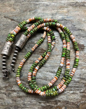Load image into Gallery viewer, Sterling Silver Multi Strand Green Turquoise Spiny Oyster Bead Necklace. 20 inch