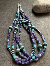 Load image into Gallery viewer, Sterling Silver Multi Strand Amethyst Turquoise W Pearls Bead Necklace. 24 inch