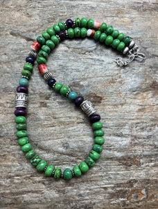 Sterling Silver Green Turquoise Multi Stone Bead Necklace. 19 inch. Gift