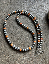 Load image into Gallery viewer, Sterling Silver Orange Spiny Oyster W 6mm Pearls Bead Necklace. 24 inch