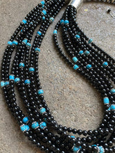 Load image into Gallery viewer, Sterling Silver Multi Strand Black Onyx with Turquoise Bead Necklace. 24 Inch