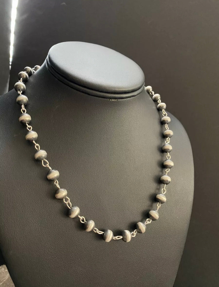 Sterling Silver 8mm Navajo Pearls Rosary Bead Necklace. 22 Inch.