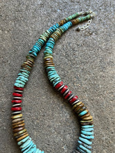 Load image into Gallery viewer, Sterling Silver Blue Green Turquoise W Red Coral Bead Necklace 19 Inch