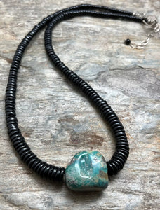 Sterling Silver Graduated Black Onyx Turquoise Bead Necklace. 18 Inch