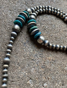 Long Sterling Silver Blue Turquoise Navajo Pearls Bead Necklace. 30 inch
