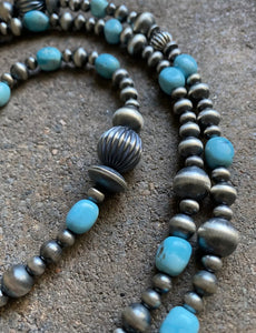 Sterling Silver Turquoise W Navajo Pearls Bead Necklace 44 Inch