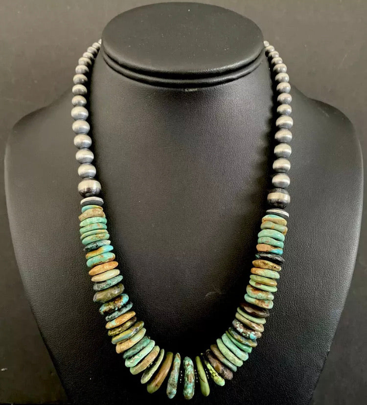 Sterling Silver Graduated Green Turquoise W Bead Necklace. 18 inch