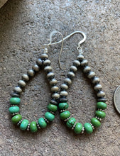 Load image into Gallery viewer, Sterling Silver Green Turquoise W Pearls Bead Loop Earrings.