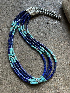 Sterling Silver Multi Strand Stone Lapis Turquoise Bead Necklace. 24 inch