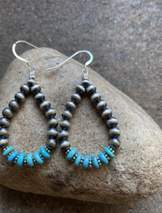 Sterling Silver Blue Turquoise W Pearls Bead Loop Earrings.