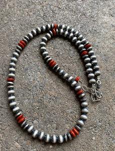 Sterling Silver Red Coral W 6mm Pearls Bead Necklace 18 inch