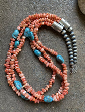 Load image into Gallery viewer, Sterling Silver Multi Strand Pink Coral Blue Turquoise Bead Necklace 24 Inch