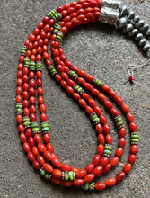 Load image into Gallery viewer, Sterling Silver Multi Strand Coral Green Turquoise Bead Necklace 22 Inch