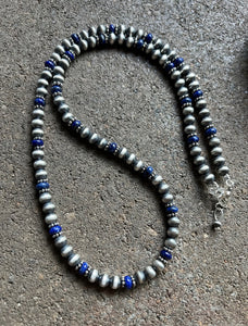 Sterling Silver Blue Lapis W 6mm Pearls Bead Necklace. 24 inch