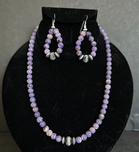 Sterling Silver Purple Charoite Bead Necklace W Earrings Set. Gift 18 Inch