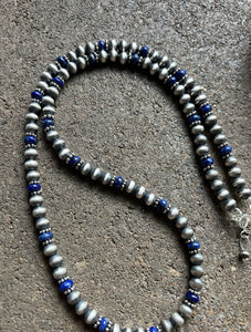 Sterling Silver Blue Lapis W 6mm Pearls Bead Necklace. 24 inch