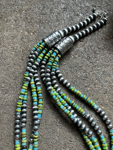 Sterling Silver Multi Strand Blue Green Turquoise Bead Necklace. 24 inch