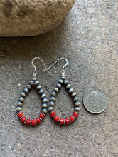 Load image into Gallery viewer, Sterling Silver Red Coral W Pearls Bead Loop Earrings.