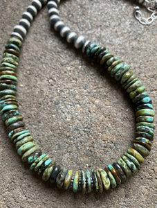 Sterling Silver Graduated Green Turquoise Bead Necklace. 18 inch