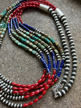 Load image into Gallery viewer, 38 Inch Sterling Silver Multi Strand Stone Coral Lapis Turquoise Bead Necklace