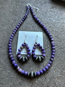 Sterling Silver Purple Charoite Bead Necklace W Earrings Set. Gift 18 Inch