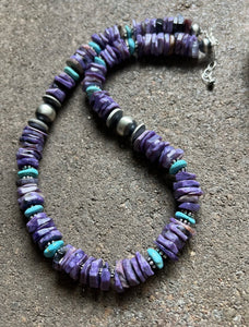 Sterling Silver Charoite Turquoise Bead Necklace. 18 Inch