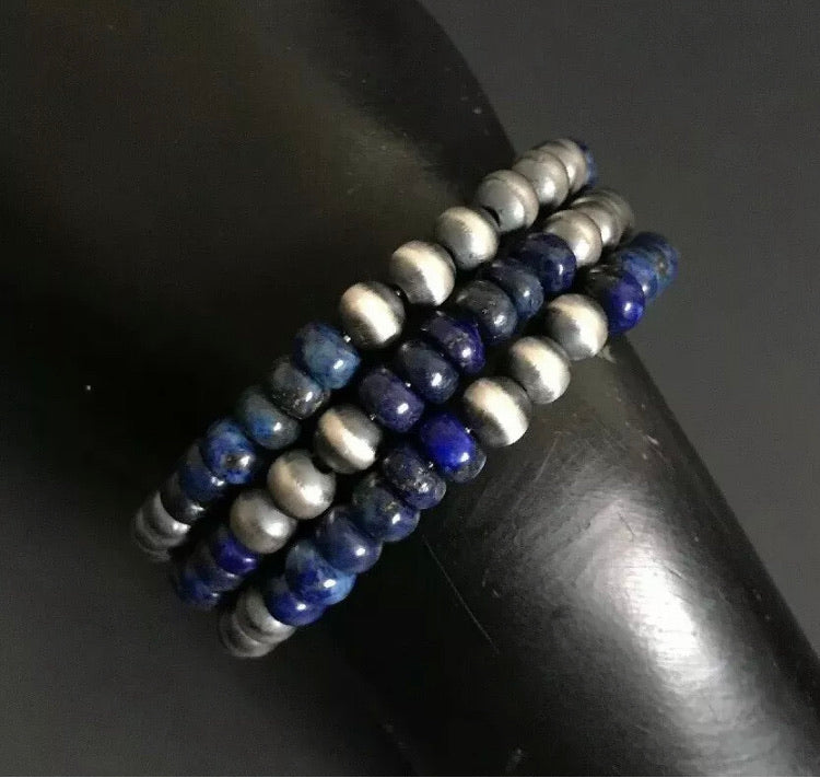 Navajo Pearls Lapis Sterling Silver Bead Bracelet . Free Size