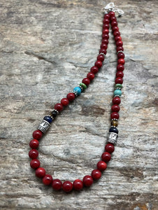 Sterling Silver Multi Stone Red Coral Bead Necklace 18 inch
