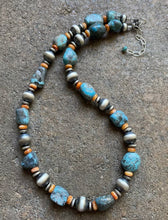 Load image into Gallery viewer, Sterling Silver Turquoise Nuggets W Spiny Oyster Bead Necklace 18 inch