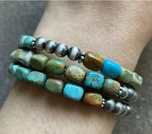 Load image into Gallery viewer, Sterling Silver Blue Green Turquoise Navajo Pearls Wrap Spiral Bead Bracelet