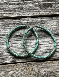 Sterling Silver Heishi Turquoise W Pearls Bead Hoop Earrings. 3 Inch