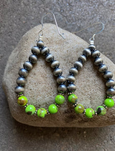 Sterling Silver Green Turquoise W Pearls Bead Loop Earrings.