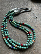 Load image into Gallery viewer, Sterling Silver Green Turquoise Multi Strand Multi Stone Bead Necklace. 24 inch